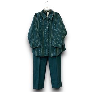 Debra DeRoo Silk Pants Set Women’s Size L Embroidered Button Down Artsy Artist